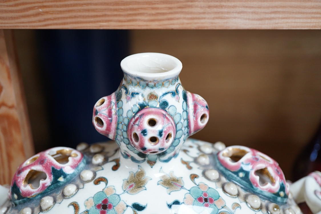 A Zsolnay Pecs Hungarian Persian inspired double walled moon flask, 31cm high